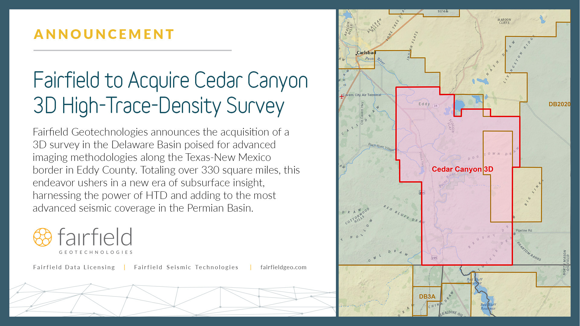 Revolutionizing Advancements in 3D Seismic Collection, Fairfield Geotechnologies Announces Cedar Canyon 3D Survey